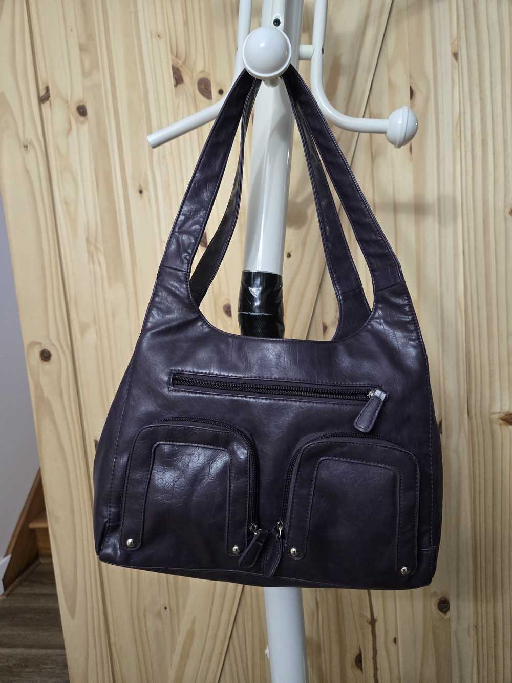 Purple Faux Leather Hobo Bag - Multi Pocket Shoulder Bag
